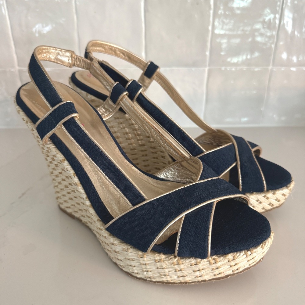 Lilly Pulitzer Ashley Wedge Sandal Women 9 Navy Gold Espadrille Platform Canvas